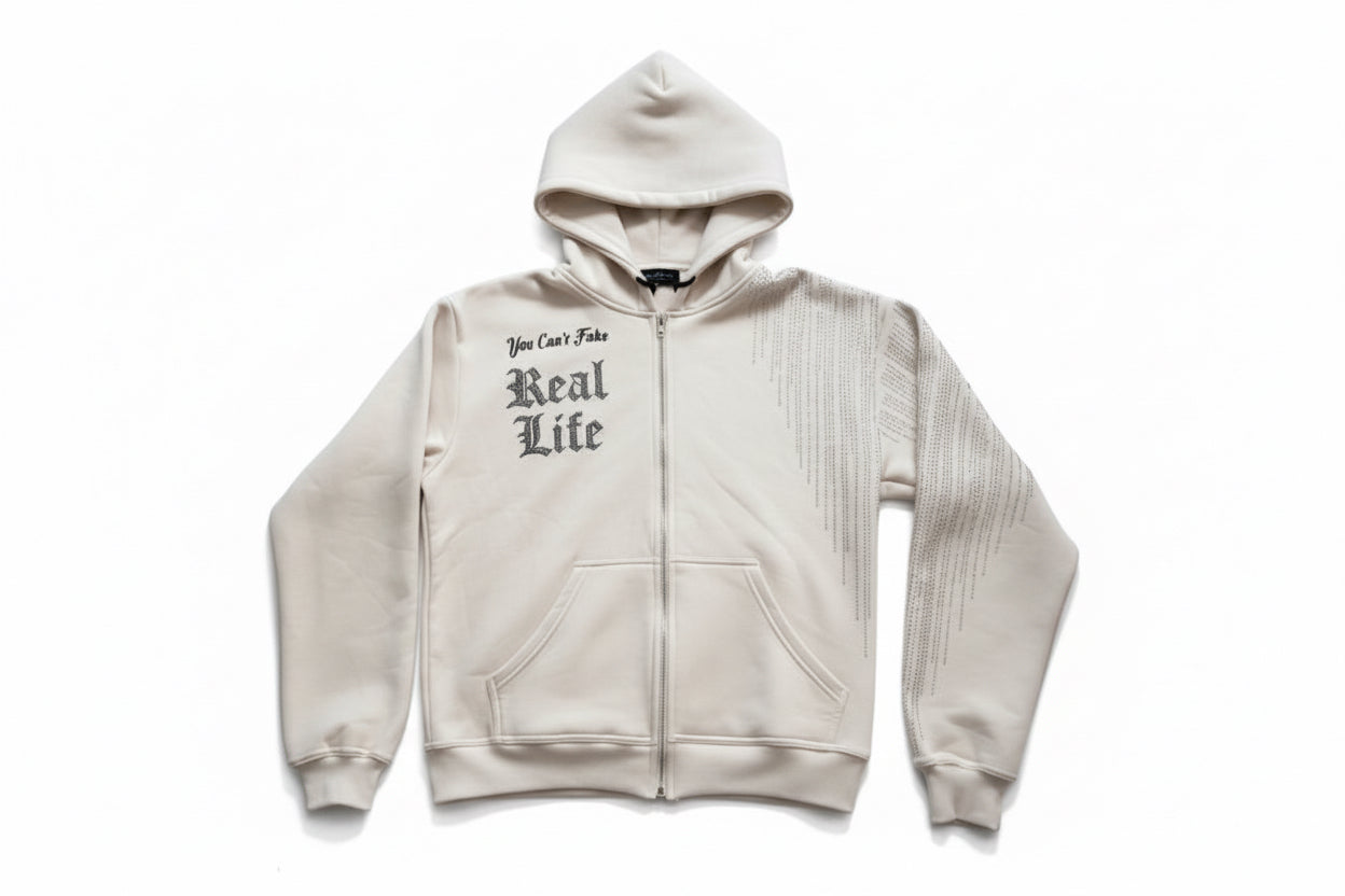 “You can’t fake Reallife” Rhinestone white hoodie