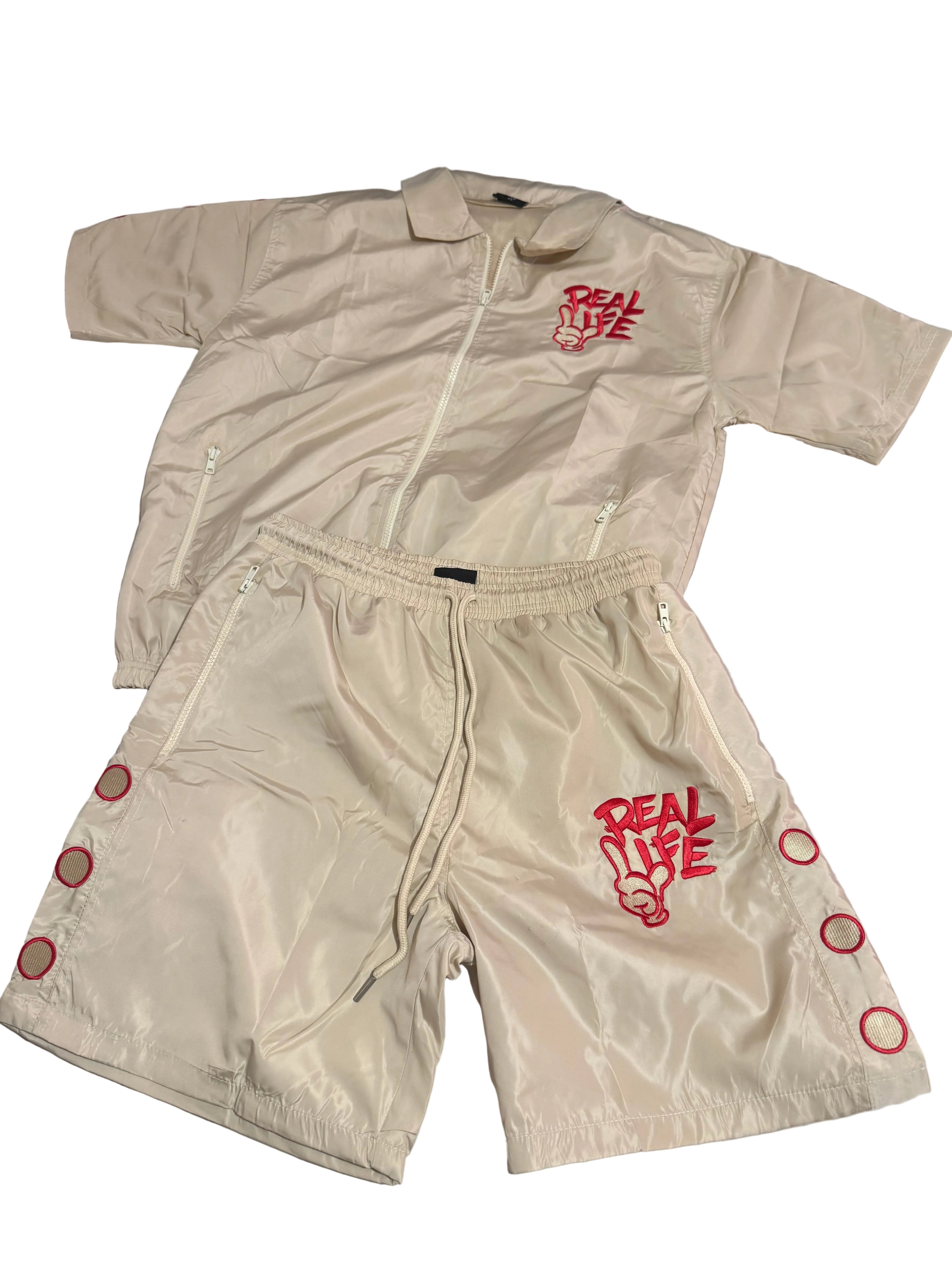 Reallife windbreaker  cream/ red short set
